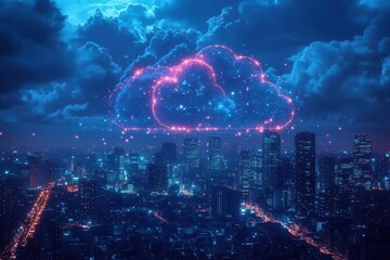 Obraz premium clouds forming a digital network above a city skyline, with glowing nodes representing data connections and a modern aesthetic reflecting the significance of cloud computing technology