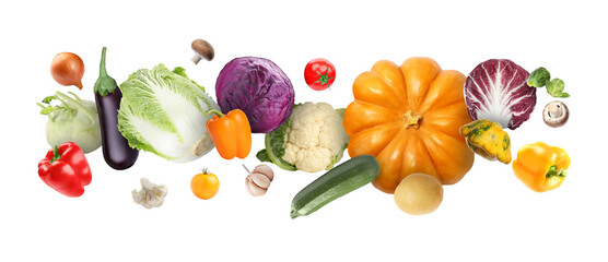 Different fresh vegetables in air on white background