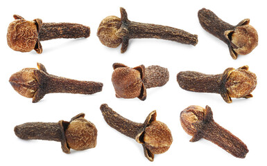 Fragrant clove buds isolated on white, set