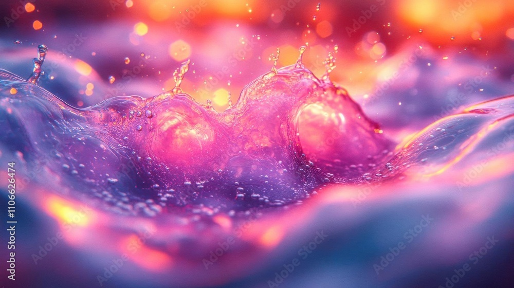 Aufkleber a vibrant, abstract depiction of water droplets creating splashes, illuminated with colorful light, 