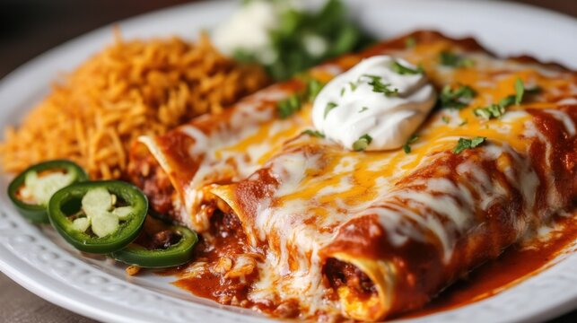 A mouthwatering plate of chicken enchiladas smothered in red sauce and melted cheese, served with Mexican rice and refried beans, Enchilada plate centered