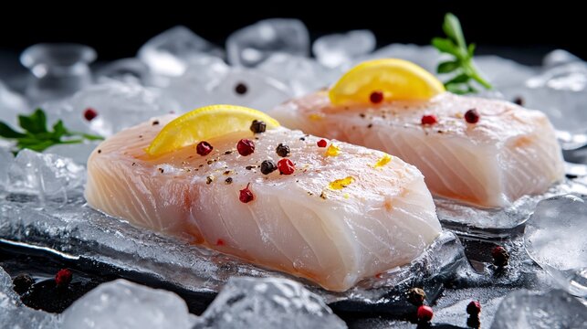 professional photo of fresh raw cod fillet and salmon fillet garnished with lemon and colored pepper lying on crystal ice cubes vintage style old school