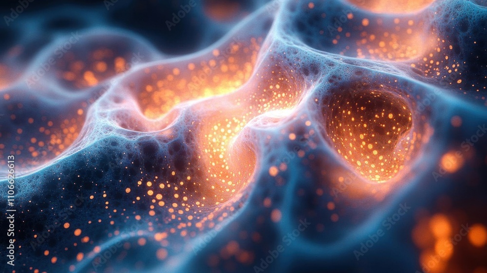 Poster a vibrant, abstract representation of a textured surface, illuminated by glowing particles, suggesti