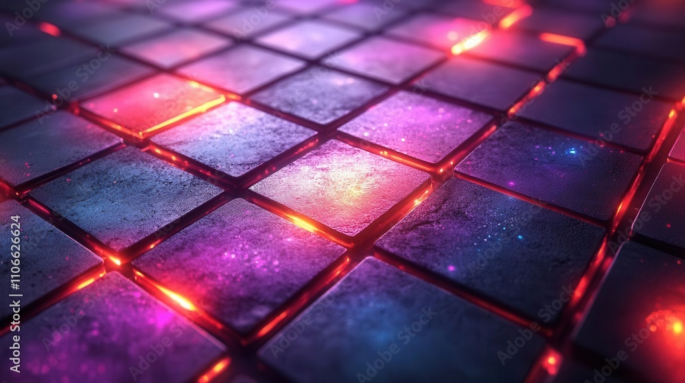Poster a vibrant, illuminated grid of tiles showcasing a blend of purple and red light effects, creating a 