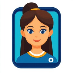 Illustrative portrait of a cheerful young woman with long brown hair wearing a blue shirt and yellow accent, suitable for digital media and character representation