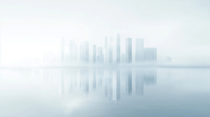 Fototapeta premium Ethereal city skyline reflection at dawn with mist and soft light illuminating urban buildings and structures.