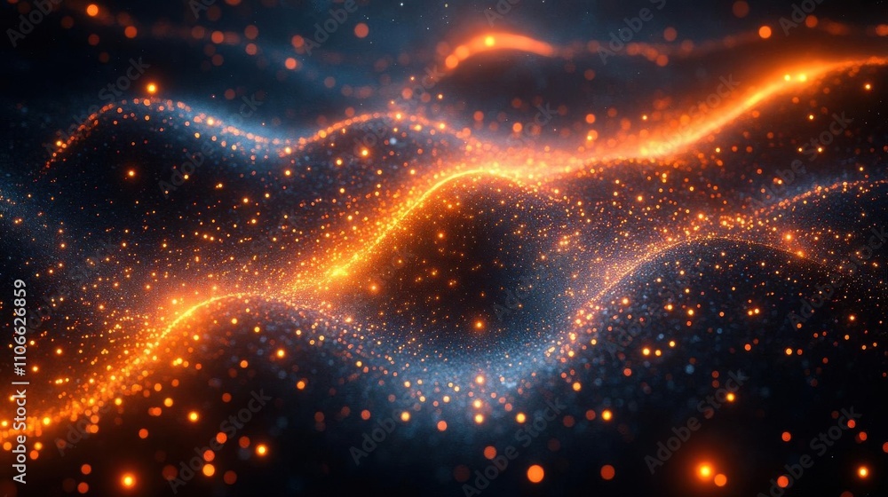 Poster a vibrant, abstract image featuring flowing waves of light in orange and blue, scattered with glowin