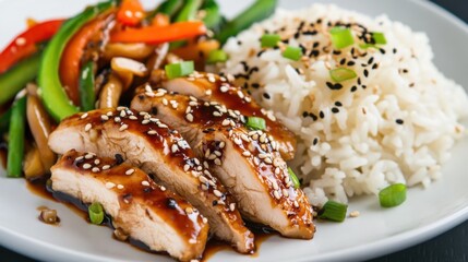 A mouthwatering plate of chicken teriyaki served with steamed rice and stir-fried vegetables, Chicken teriyaki arranged elegantly with sesame seeds sprinkled on top