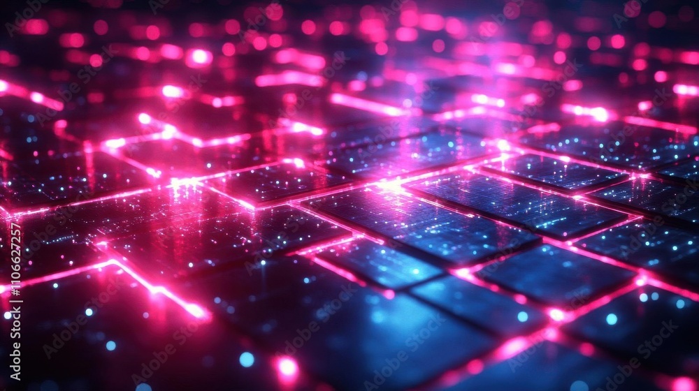 Poster a vibrant, futuristic digital landscape featuring glowing pink and blue grid patterns, creating a me