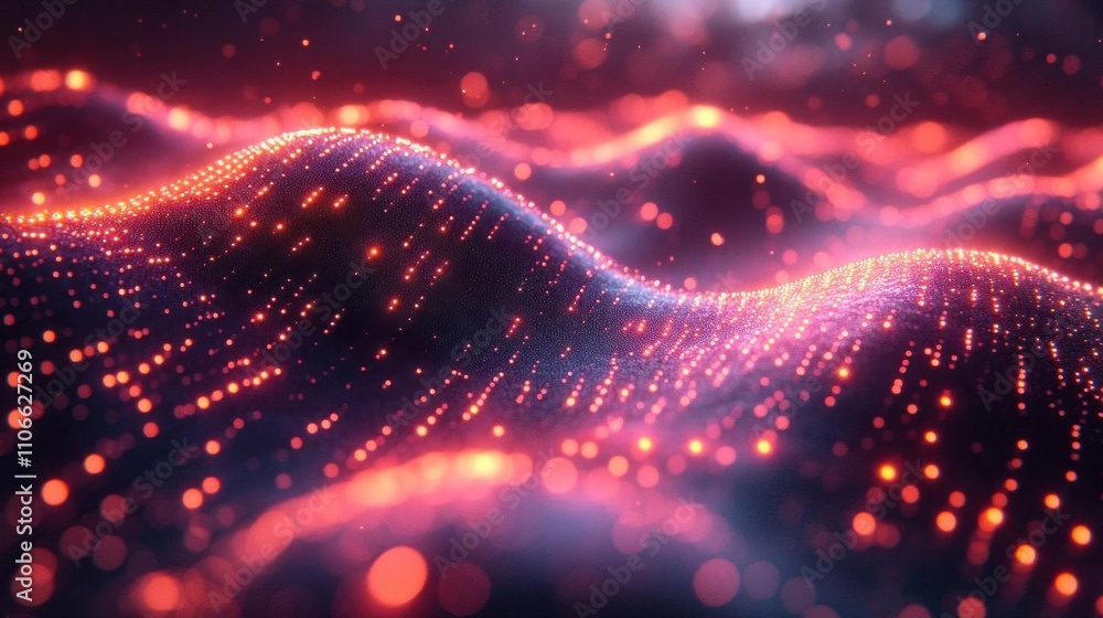 Poster a vibrant digital landscape of glowing waves, illuminated by countless particles, creating a mesmeri
