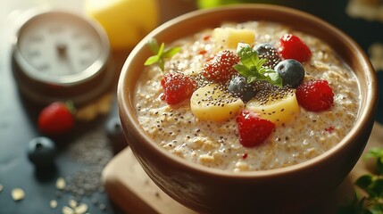 Bowl of overnight oats with almond milk, chia seeds, and mixed berries promoting health consciousness