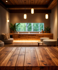 Fototapeta premium A rustic wooden table set in a serene spa setting, providing the perfect place to unwind and relax.