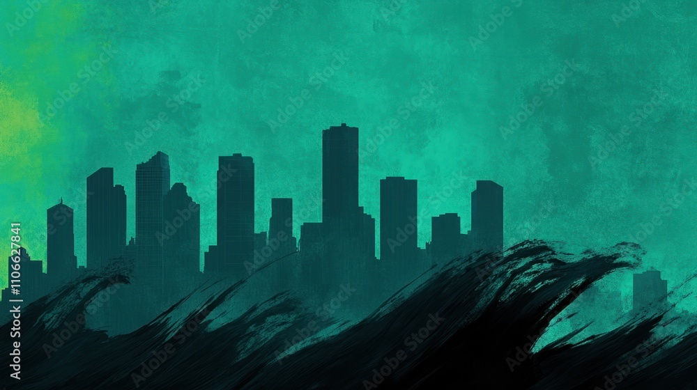 Poster abstract city skyline at night with turquoise sky and dark waves crashing in the foreground, creatin