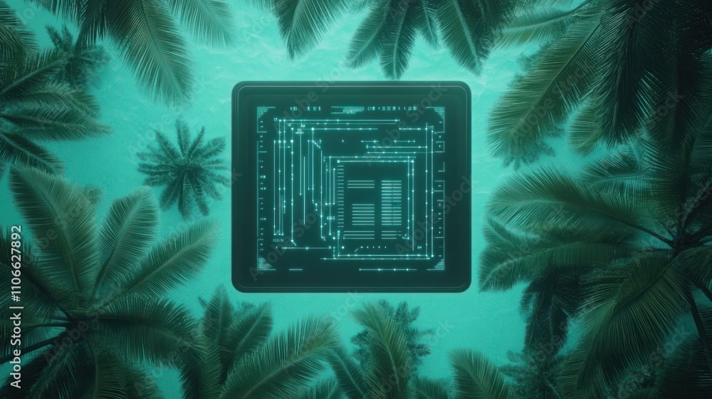 Poster futuristic processor chip surrounded by lush palm trees in a calm water surface, blending nature and