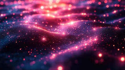 Obraz premium A vibrant, abstract representation of waves illuminated by sparkling light, featuring shades of pink and blue in a cosmic atmosphere.