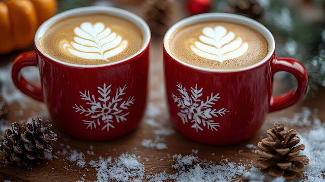 C&eacute;l&eacute;bration festive des deux tasses de caf&eacute; orn&eacute;es dentrelacs de neige en blanc sur rouge
