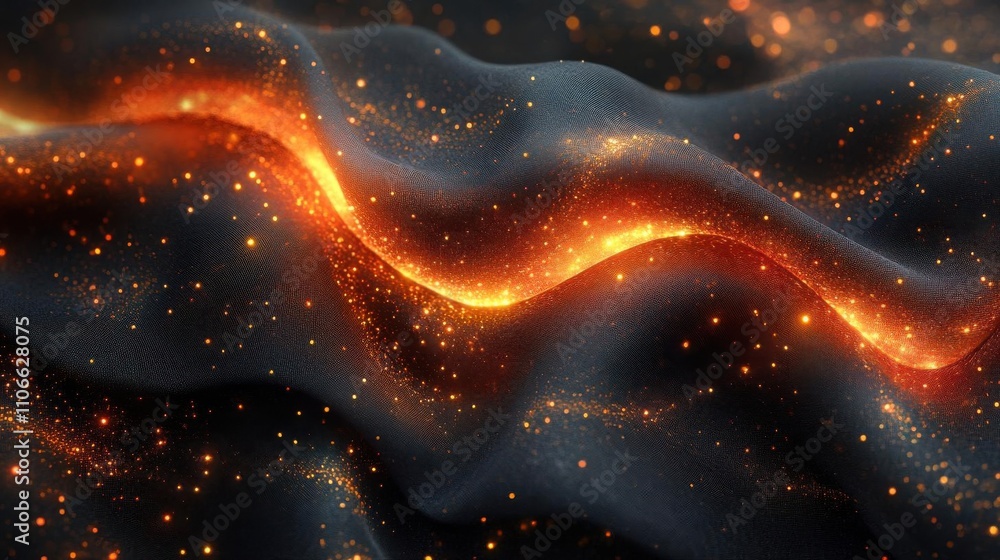Poster a flowing surface of dark fabric illuminated by glowing orange lines and sparkling particles, creati