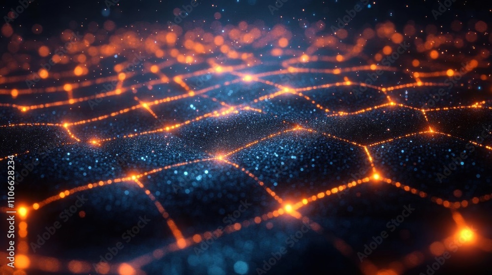 Poster a mesmerizing digital landscape featuring glowing nodes and a grid-like structure, evoking themes of