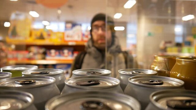 A male customer takes a can of drink from a supermarket fridge