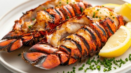 A mouthwatering plate of grilled lobster tails served with drawn butter and lemon wedges, Lobster tails centered, Soft diffused lighting accentuating the succulent meat