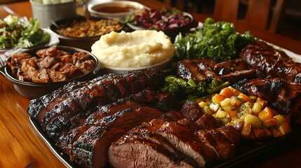 A family-style dining table with large platters of grilled meats, mashed potatoes, and a selection of seasonal vegetables 