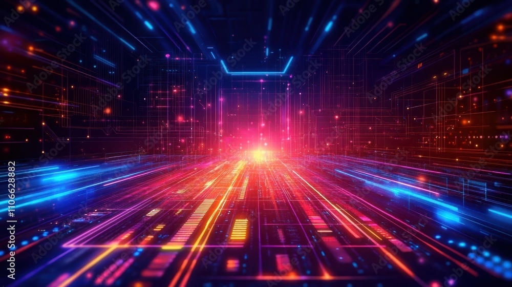 Poster abstract digital landscape with vivid neon lights and starry background in futuristic technology the