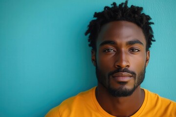 Obraz premium confused expression of an african american man in an orange top, set against a striking blue background, capturing the essence of bewilderment while providing ample space for creative messaging
