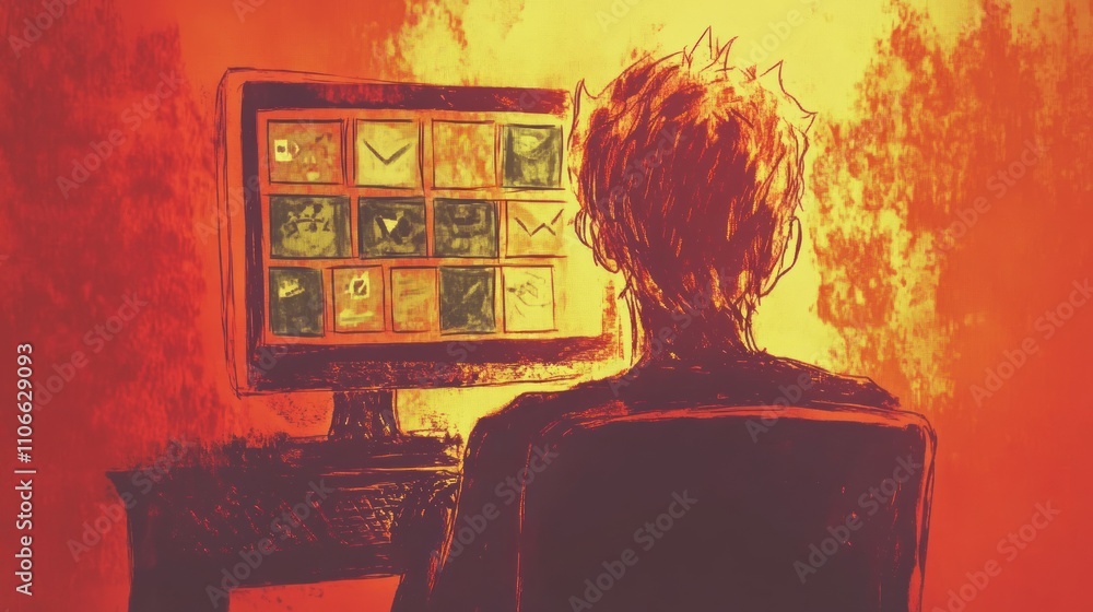 Aufkleber a person sitting in front of a computer screen filled with various icons in a warm-toned environment