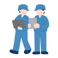 タブレットとノートPCを見ながら話す作業服を着た男性2人のフラットなイラスト
