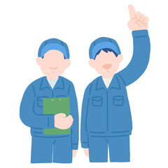上を指さしながら見上げる作業服を着た男性2人のフラットなイラスト
