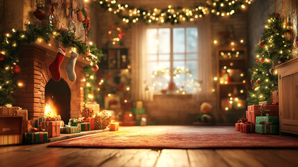 Cozy Christmas living room with decorated fireplace and festive decorations in warm light