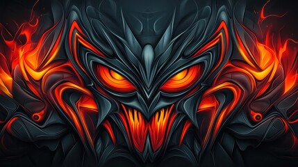 A fierce, stylized creature design with glowing eyes and fiery accents.