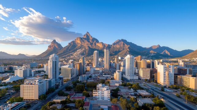 Stunning Aerial View of Monterrey City at Sunset Surrounded by Majestic Mountains and Skyscrapers, Capturing Dynamic Urban Landscape and Natural Beauty