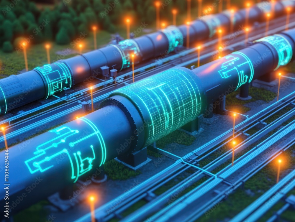 Poster futuristic pipeline system with neon graphics and technology overlay, representing infrastructure, i