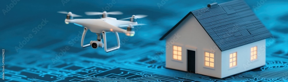 Aufkleber aerial view of a drone flying near a miniature house with circuit board background, illustrating the