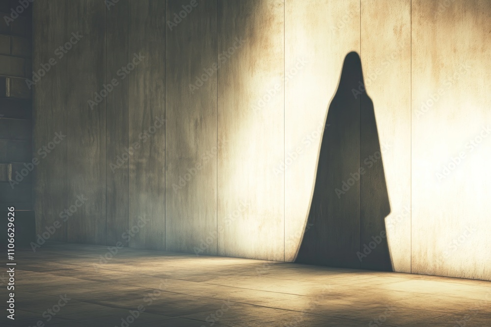 Poster a shadowy figure is cast against a textured wall, creating a mysterious atmosphere.