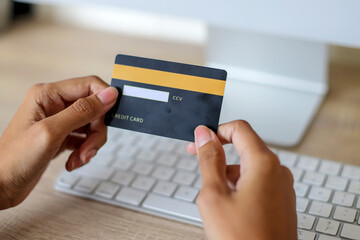 Hand Holding Blank Black Credit Card Mockup at Office