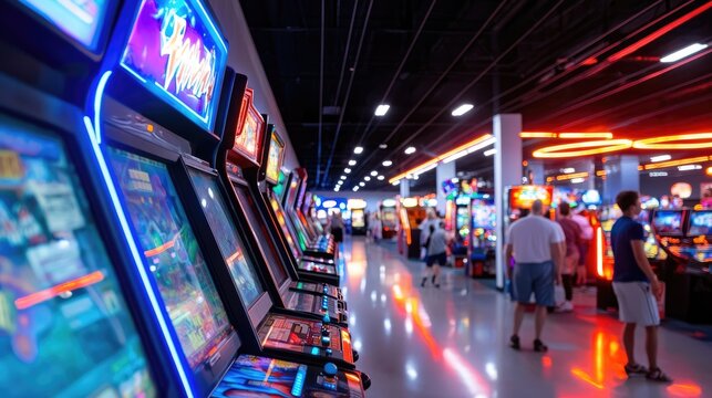 Vibrant Arcade Scene Featuring Classic and Modern Gaming Machines with Neon Lights and Enthusiastic Players Enjoying a Fun-Filled Entertainment Experience