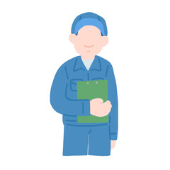クリップボードを持ち上を見あげる作業服を着た男性のフラットなイラスト
