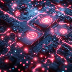 A close-up of a futuristic circuit board with glowing elements, emphasizing technology.