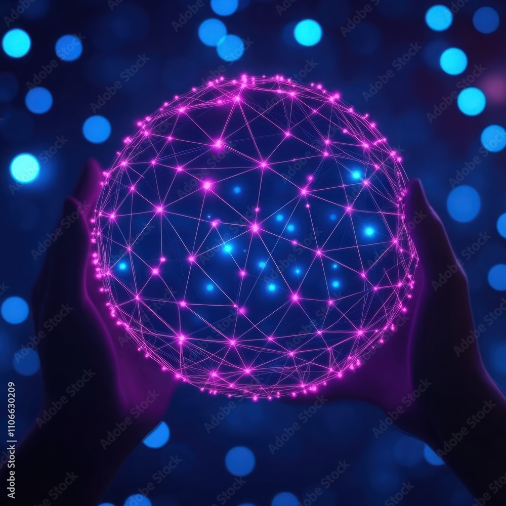 Poster hands holding a glowing sphere with interconnected lines and dots against a dreamy blue bokeh backgr