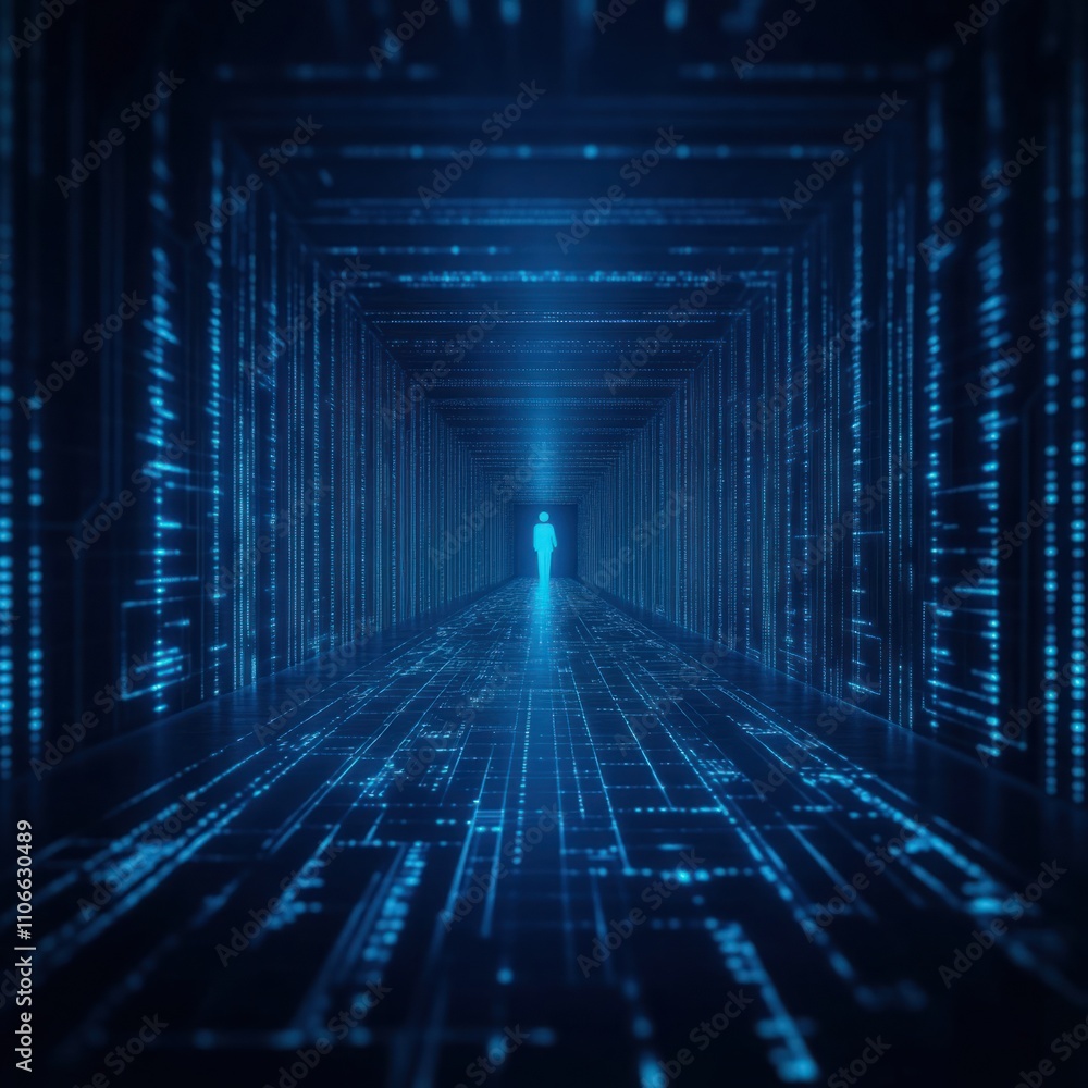 Poster futuristic corridor with glowing light figure in digital environment representing technology, innova