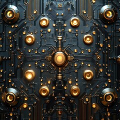 A close-up of a futuristic circuit board with glowing elements and intricate designs.