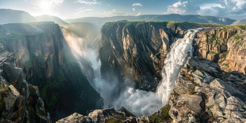 Naklejka premium A panoramic shot of a massive waterfall tumbling over rocky cliffs, with mist rising into the air, set against a backdrop of a serene mountain range during a sunny summer day. 