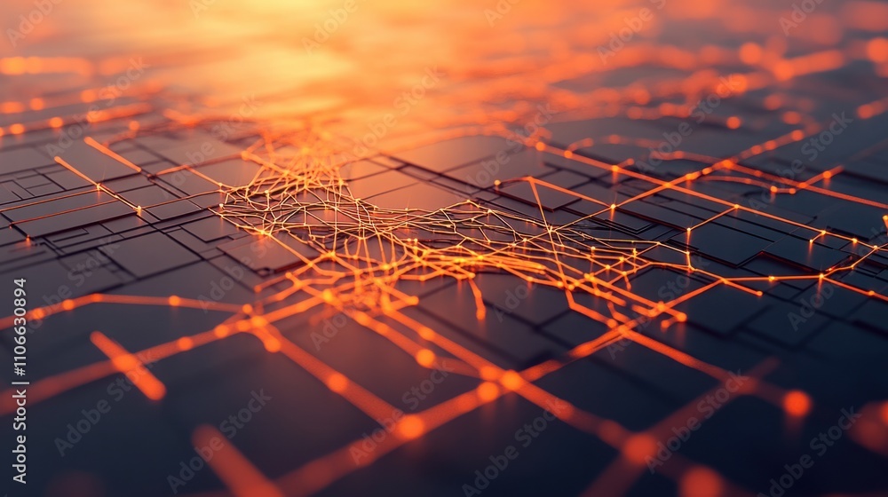 Poster abstract digital background with glowing network connections in a vibrant orange and black color pal