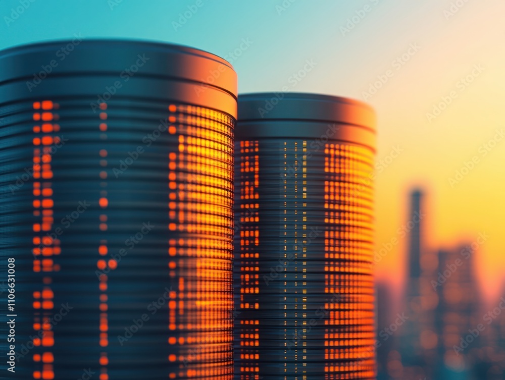 Aufkleber close-up of abstract financial data visualization with stacked cylinders glowing in warm tones again