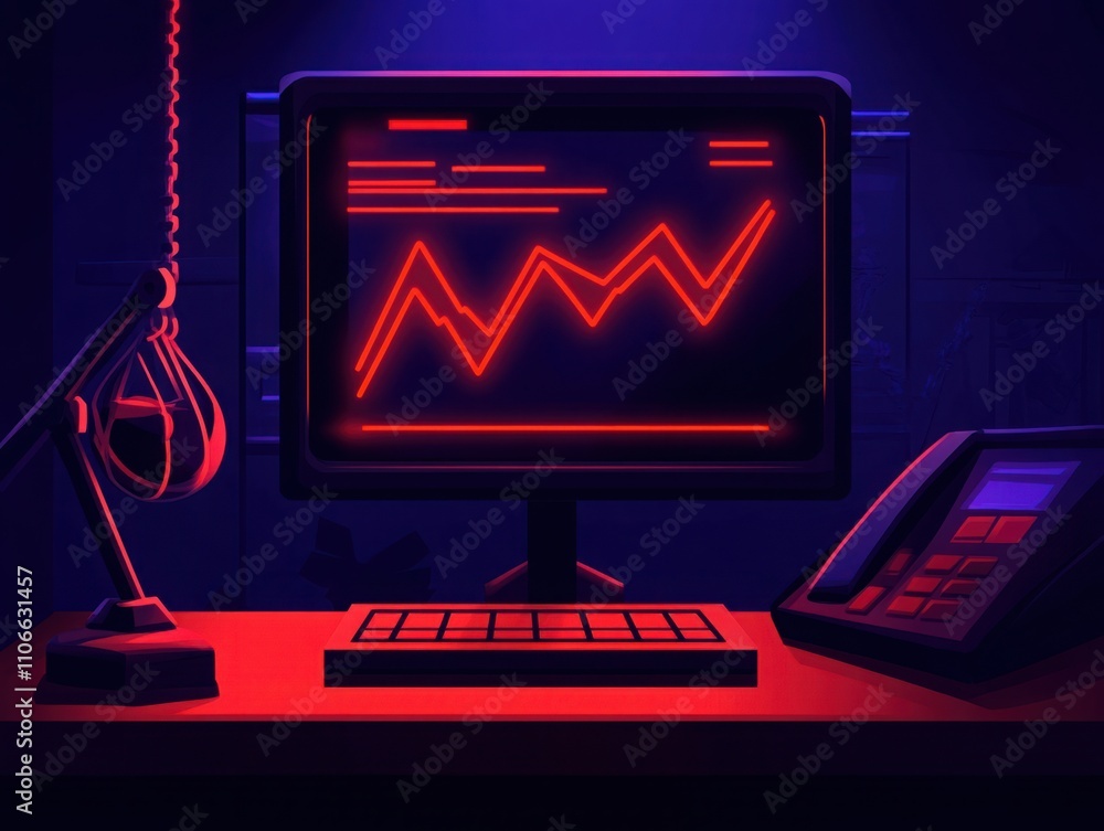 Poster futuristic workspace with neon lights featuring a computer, graphs, telephone, and ambient glow in a