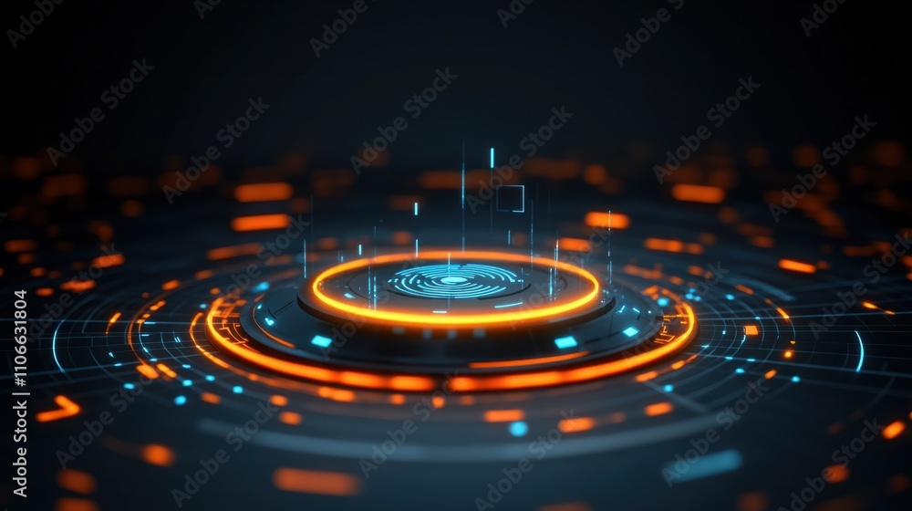 Poster futuristic abstract digital interface with radiant circles and glowing lines reflecting technology c