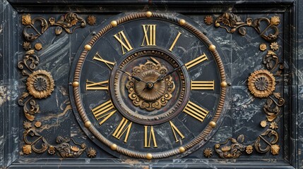 Obraz premium Antique clock face with Roman numerals and ornate details on a marble background.