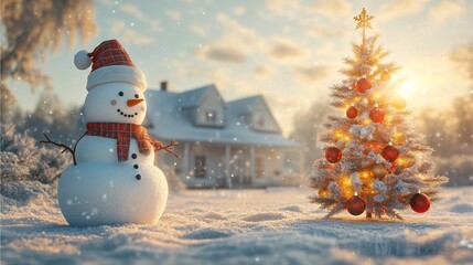 Fototapeta premium A cheerful winter scene with a snowman and a Christmas tree in the snow
